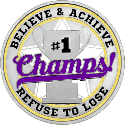 Purple "Champs!" with Gold Outer Circular Borders